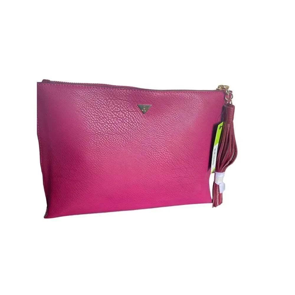 NWT Sam Edelman Chevron Suede Leather Patchwork Fringe Clutch Red/ Brown - Picture 2 of 15